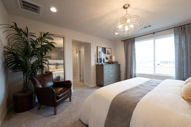 1157 Maclure Ave W, Madera, CA 93636 - bedroom featuring light carpet, baseboards, recessed lighting, and a chandelier
