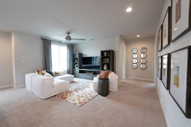 1157 Maclure Ave W, Madera, CA 93636 - living room with light carpet, a ceiling fan, recessed lighting, and baseboards