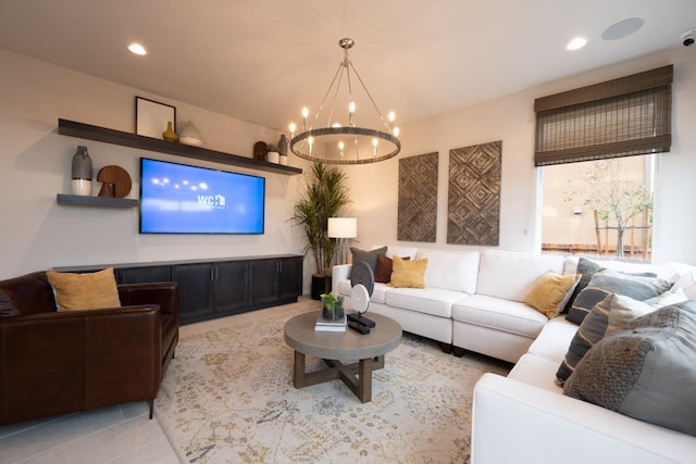 1157 Maclure Ave W, Madera, CA 93636 - living room with a chandelier, recessed lighting, and light tile patterned floors