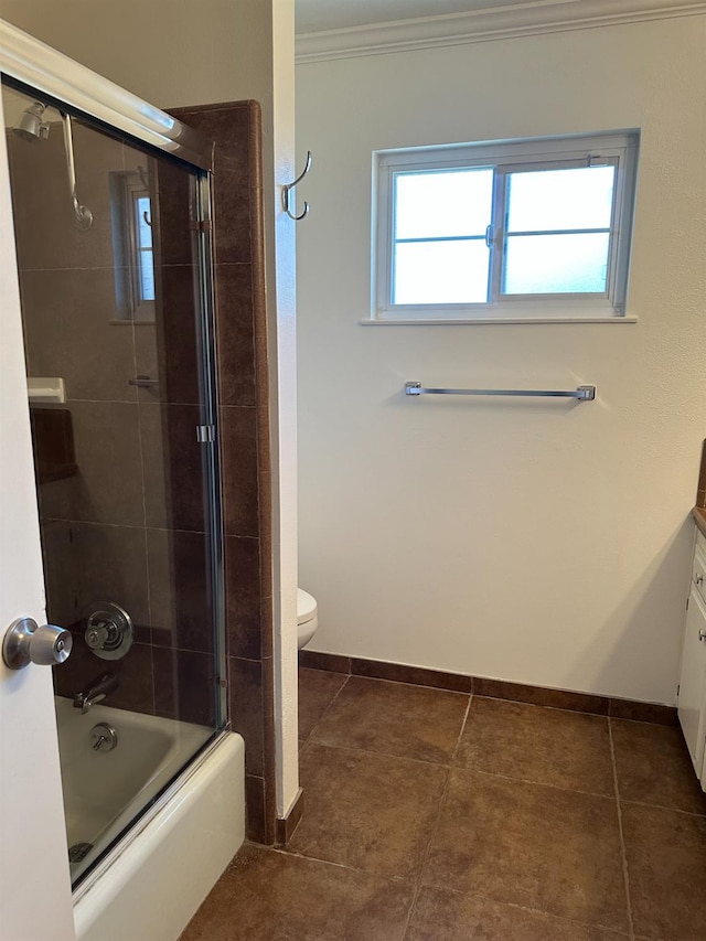 6538 N 4th St, Fresno, CA 93710 - full bathroom with vanity, ornamental molding, tile patterned flooring, and combined bath / shower with glass door