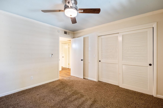 1785 W Calimyrna Ave Unit A, Fresno, CA 93711 - unfurnished bedroom featuring carpet, ornamental molding, a closet, baseboards, and a ceiling fan