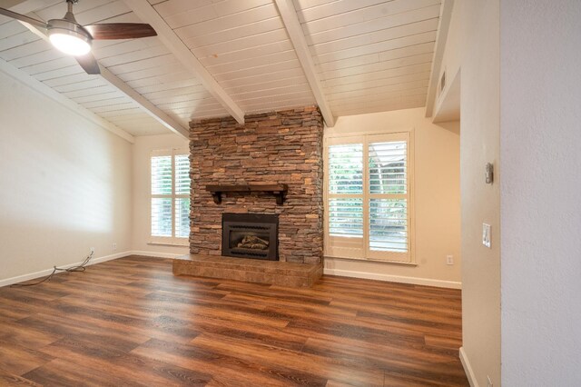 1785 W Calimyrna Ave Unit A, Fresno, CA 93711 - unfurnished living room featuring wood finished floors, a fireplace, a ceiling fan, baseboards, and wooden ceiling