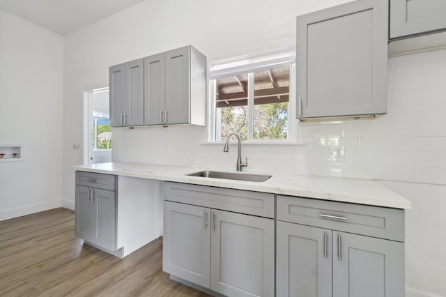 630 N Roosevelt Ave, Fresno, CA 93728 - kitchen featuring gray cabinetry, a sink, and backsplash