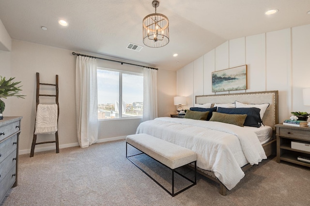 1151 Maclure Ave W, Madera, CA 93636 - bedroom with vaulted ceiling, a chandelier, light colored carpet, baseboards, and recessed lighting