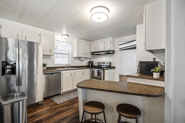 2627 W Midvalley, Visalia, CA 93277 - kitchen with appliances with stainless steel finishes, a sink, a peninsula, under cabinet range hood, and dark countertops
