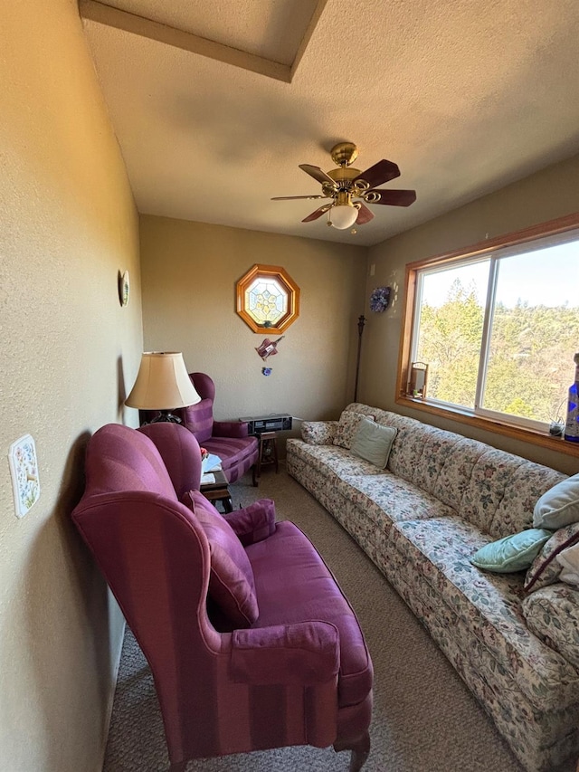 32633 Rd 222, North Fork, CA 93643 - carpeted living area with ceiling fan, a textured ceiling, and a textured wall