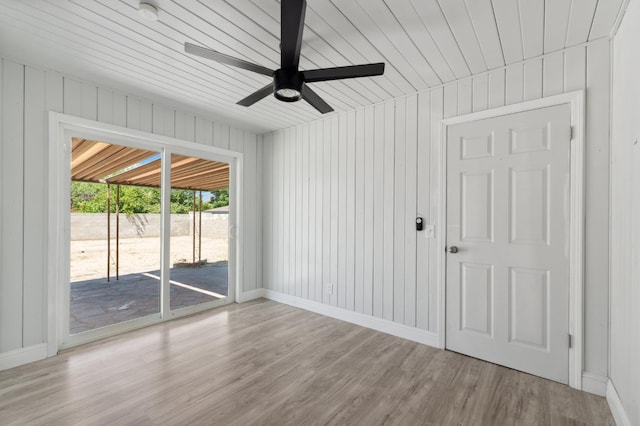 4641 E Weldon Ave, Fresno, CA 93703 - unfurnished room with wood finished floors, ceiling fan, baseboards, and wood walls