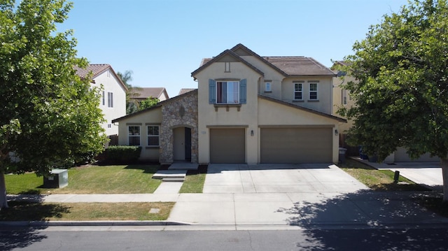 1216 Avignon Dr, Merced, CA 95348 - view of front facade with concrete driveway, stucco siding, an attached garage, a front yard, and stone siding