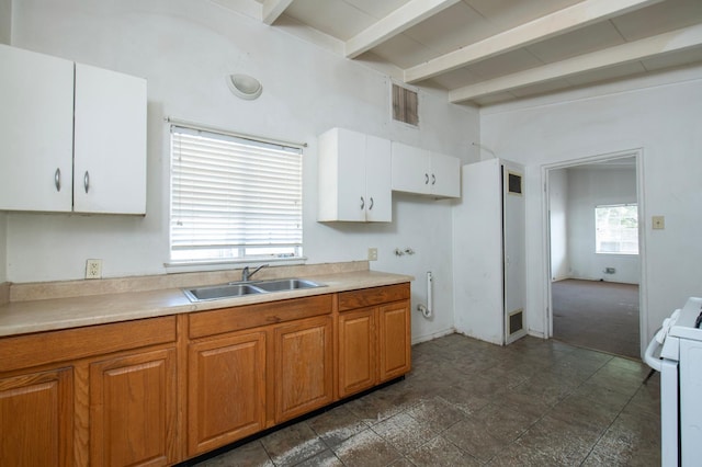 2108 E Sussex Way, Fresno, CA 93726 - kitchen with a sink, range, beam ceiling, white cabinets, and light countertops