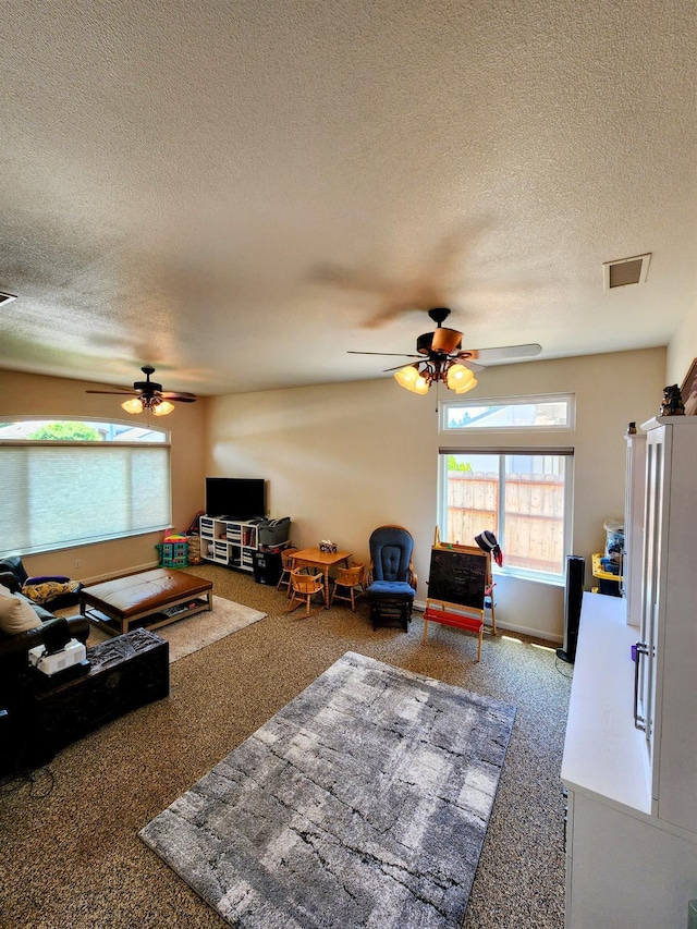 2513 Twain Ave, Clovis, CA 93611 - living area with carpet floors, a ceiling fan, a textured ceiling, and plenty of natural light