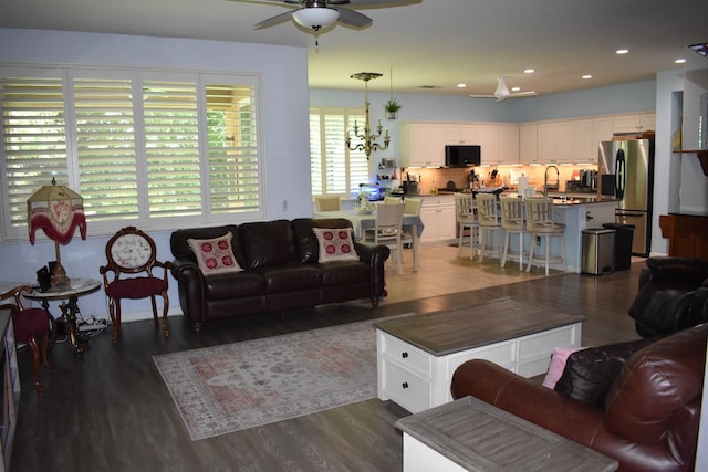 4058 Chessa Ln, Clovis, CA 93619 - living room featuring a ceiling fan, dark wood-type flooring, and recessed lighting