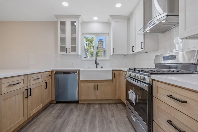 513 Waldo, Exeter, CA 93221 - kitchen with stainless steel appliances, wall chimney range hood, a sink, tasteful backsplash, and wood finished floors