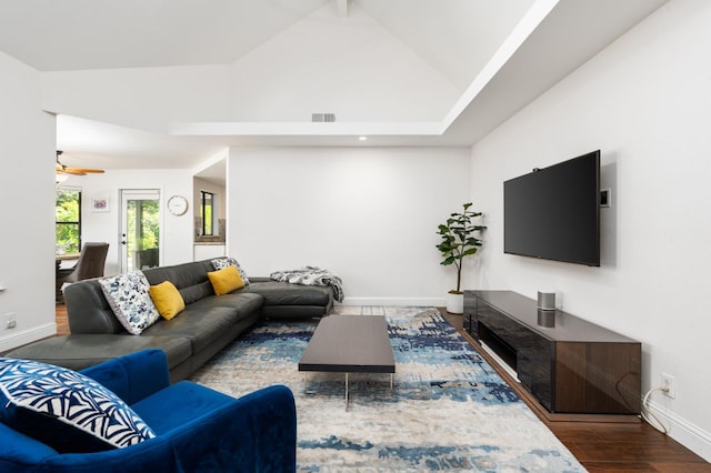 8814 N Spalding, Fresno, CA 93720 - living area with baseboards, wood finished floors, ceiling fan, high vaulted ceiling, and recessed lighting