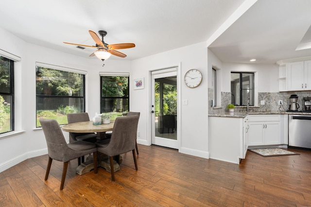 8814 N Spalding, Fresno, CA 93720 - dining space with ceiling fan, dark wood-style flooring, baseboards, and recessed lighting