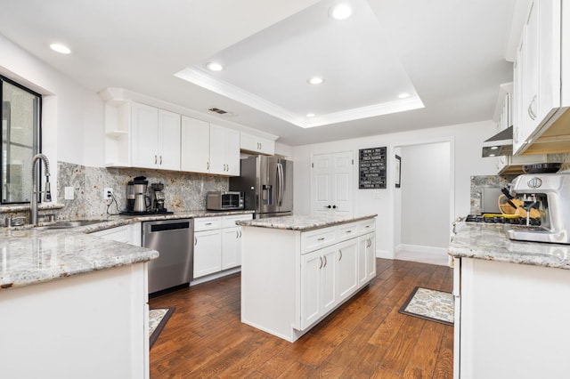 8814 N Spalding, Fresno, CA 93720 - kitchen featuring appliances with stainless steel finishes, a kitchen island, a raised ceiling, open shelves, and a sink