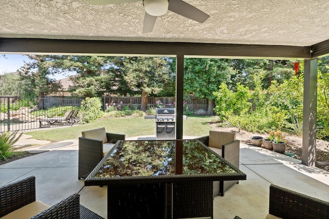 8814 N Spalding, Fresno, CA 93720 - view of patio / terrace with outdoor dining space, ceiling fan, and a grill