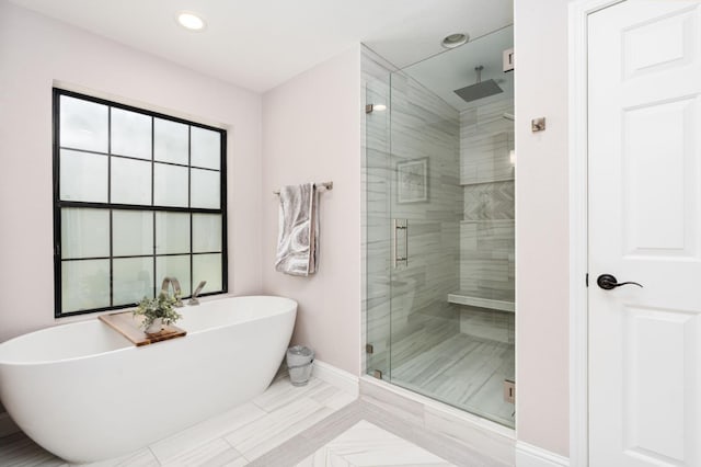 8814 N Spalding, Fresno, CA 93720 - full bathroom featuring a shower stall, a soaking tub, baseboards, and recessed lighting