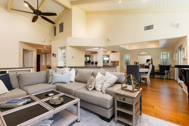 499 E Braddock Dr, Fresno, CA 93720 - living area with light wood-type flooring, a ceiling fan, high vaulted ceiling, and wood ceiling with exposed beams