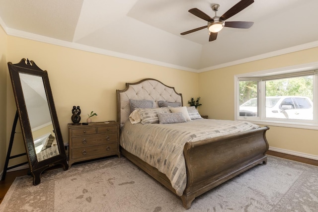 499 E Braddock Dr, Fresno, CA 93720 - bedroom featuring a raised ceiling, a ceiling fan, baseboards, ornamental molding, and vaulted ceiling