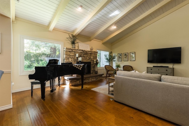 499 E Braddock Dr, Fresno, CA 93720 - living area with dark wood-type flooring, a fireplace, baseboards, and wooden ceiling