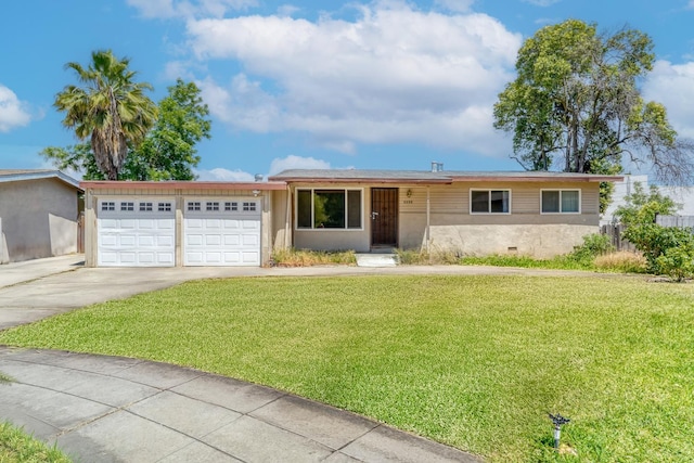 6298 N Glenn Ave, Fresno, CA 93704 - ranch-style home with a garage, concrete driveway, a front yard, and stucco siding