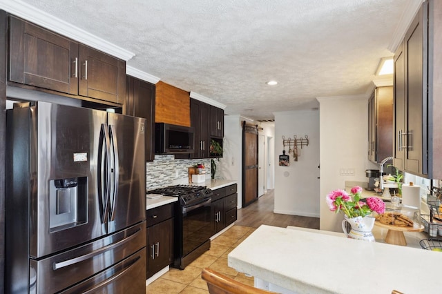 5554 E Montecito Ave, Fresno, CA 93727 - kitchen with stainless steel refrigerator with ice dispenser, gas stove, tasteful backsplash, light countertops, and ornamental molding