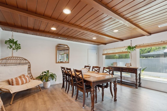 5554 E Montecito Ave, Fresno, CA 93727 - dining area with wood ceiling with exposed beams, light wood-style floors, baseboards, and recessed lighting
