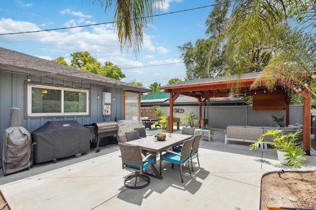 5554 E Montecito Ave, Fresno, CA 93727 - view of patio / terrace featuring outdoor lounge area, a grill, outdoor dining space, and a gazebo