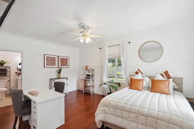 5554 E Montecito Ave, Fresno, CA 93727 - bedroom with ornamental molding, dark wood-style floors, a desk, and a ceiling fan
