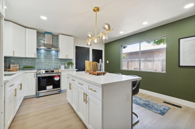 4489 N Chestnut Ave, Fresno, CA 93726 - kitchen featuring electric stove, wall chimney range hood, decorative backsplash, light countertops, and recessed lighting