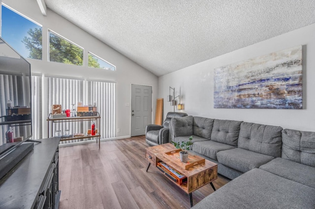 5965 E Shields Ave Unit 131, Fresno, CA 93727 - living room with a textured ceiling, wood finished floors, and high vaulted ceiling