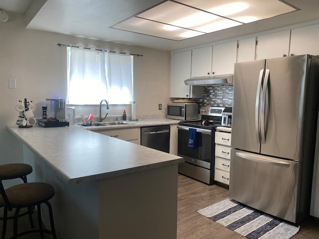 5815 E Lansing Way, Fresno, CA 93727 - kitchen with appliances with stainless steel finishes, a peninsula, a sink, under cabinet range hood, and wood finished floors