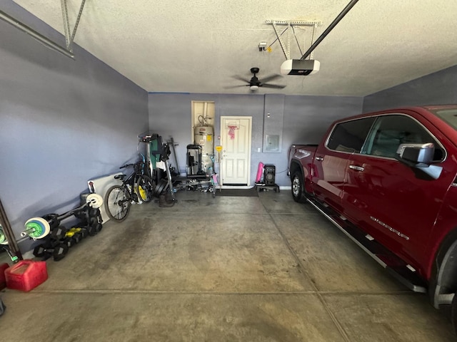 5312 W Cotton Ave, Fresno, CA 93722 - garage with a garage door opener, secured water heater, and ceiling fan
