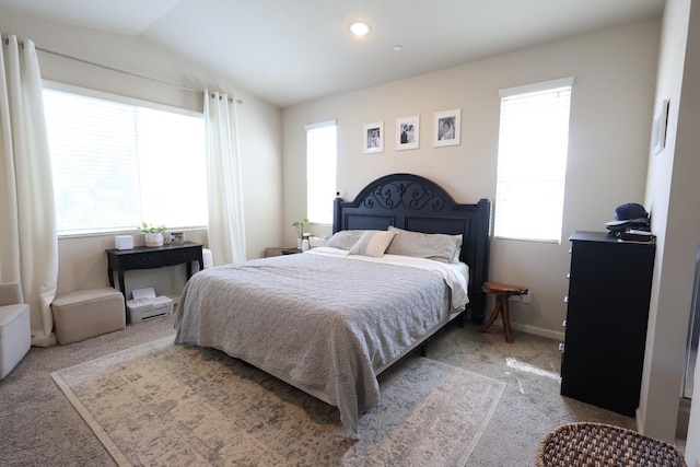 4090 Buckingham Ave, Clovis, CA 93619 - bedroom with carpet floors, multiple windows, vaulted ceiling, baseboards, and recessed lighting