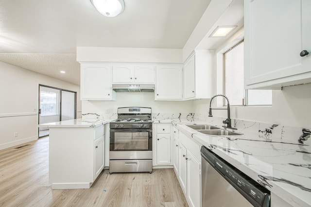 1448 N Helm Ave, Fresno, CA 93727 - kitchen with stainless steel appliances, under cabinet range hood, a sink, and white cabinets