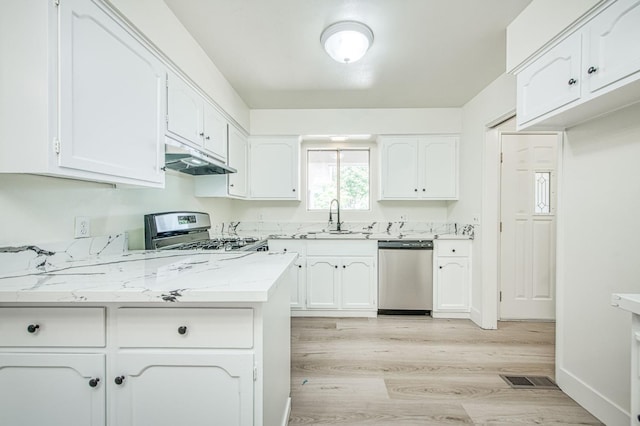 1448 N Helm Ave, Fresno, CA 93727 - kitchen featuring stainless steel appliances, a sink, white cabinets, and light wood finished floors