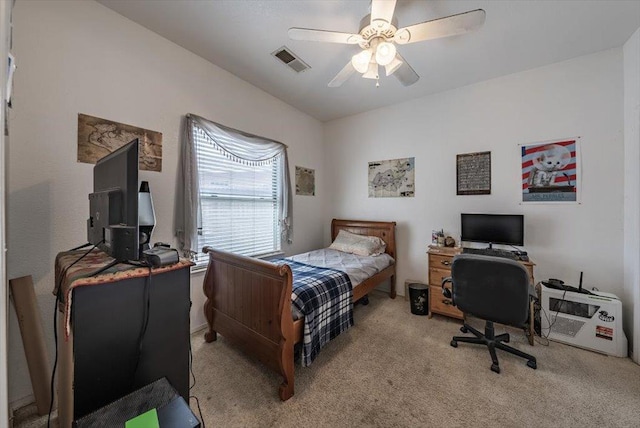 3159 Cedar Creek Ln, Madera, CA 93637 - bedroom featuring a desk, light carpet, and ceiling fan