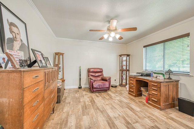 1183 E Dinuba Ave, Fresno, CA 93725 - office space with light wood-style flooring, ceiling fan, ornamental molding, and baseboards