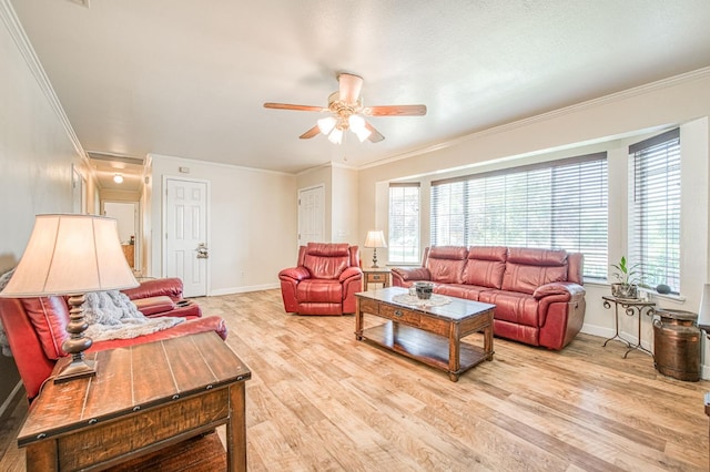 1183 E Dinuba Ave, Fresno, CA 93725 - living area with ornamental molding, light wood finished floors, a ceiling fan, and baseboards