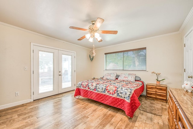 1183 E Dinuba Ave, Fresno, CA 93725 - bedroom featuring french doors, access to exterior, light wood-type flooring, ornamental molding, and a ceiling fan