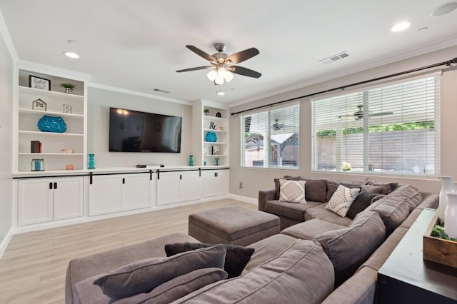 1697 Whiteash Ave, Clovis, CA 93619 - living area featuring light wood-style flooring, ornamental molding, a ceiling fan, baseboards, and recessed lighting