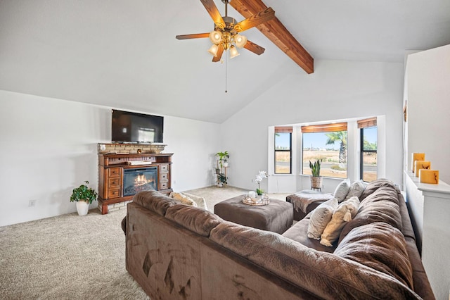 18118 Rd 26, Madera, CA 93638 - carpeted living area with beam ceiling, ceiling fan, a glass covered fireplace, and high vaulted ceiling