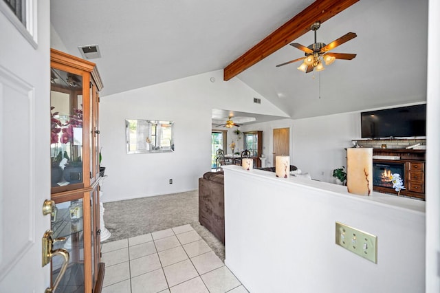 18118 Rd 26, Madera, CA 93638 - kitchen featuring light colored carpet, ceiling fan, open floor plan, and light tile patterned flooring