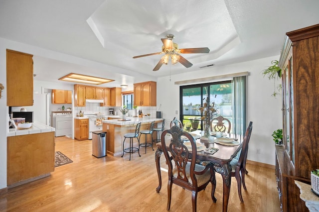 18118 Rd 26, Madera, CA 93638 - dining room featuring light wood-style floors, a ceiling fan, a raised ceiling, and baseboards