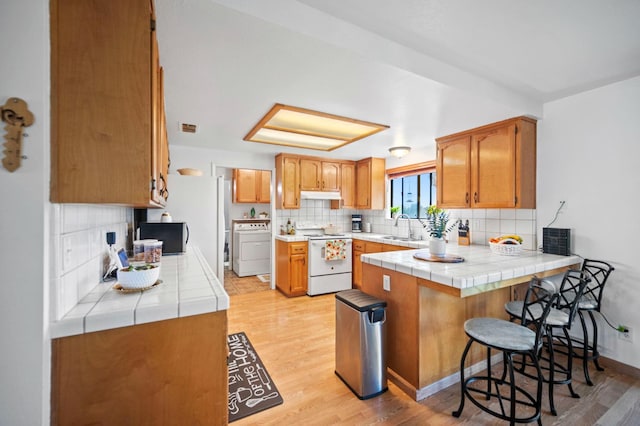 18118 Rd 26, Madera, CA 93638 - kitchen featuring white appliances, a peninsula, a sink, and tasteful backsplash