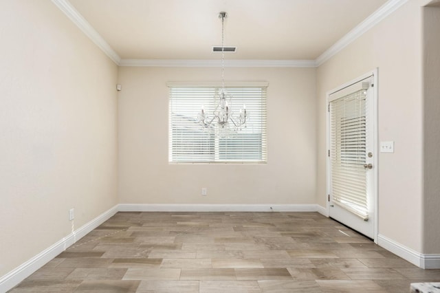 2718 Fern Ct, Selma, CA 93662 - unfurnished dining area featuring crown molding, light wood-style flooring, a chandelier, and baseboards