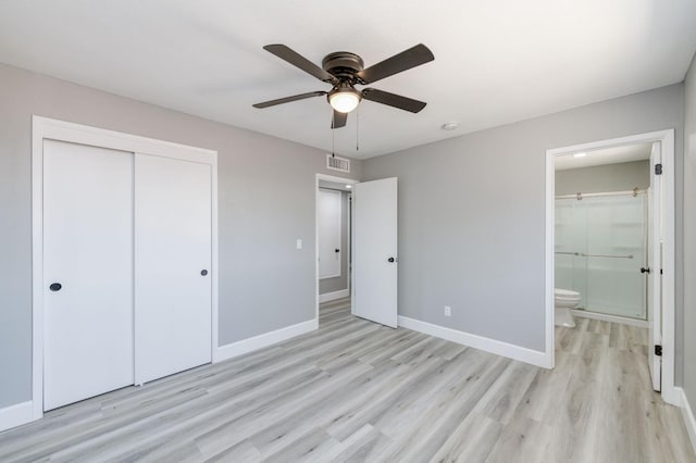 153 Birch, Fresno, CA 93650 - unfurnished bedroom with a closet, light wood-style floors, baseboards, ensuite bathroom, and ceiling fan