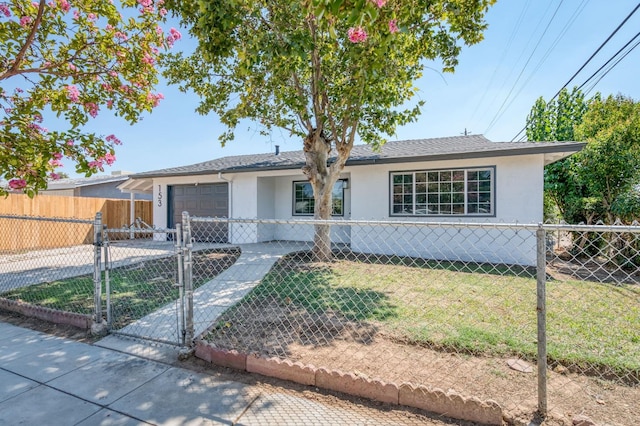 153 Birch, Fresno, CA 93650 - ranch-style house with stucco siding, an attached garage, concrete driveway, and a gate