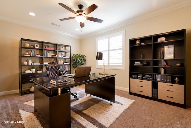 2138 El Paso Ave, Clovis, CA 93611 - home office featuring a ceiling fan, ornamental molding, light colored carpet, and recessed lighting