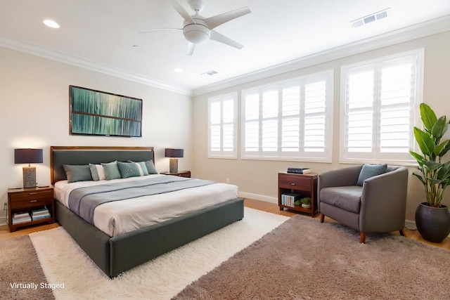 2138 El Paso Ave, Clovis, CA 93611 - bedroom with baseboards, ornamental molding, recessed lighting, wood finished floors, and a ceiling fan